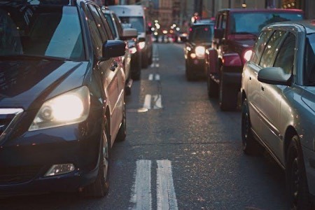 car stuck in traffic at night