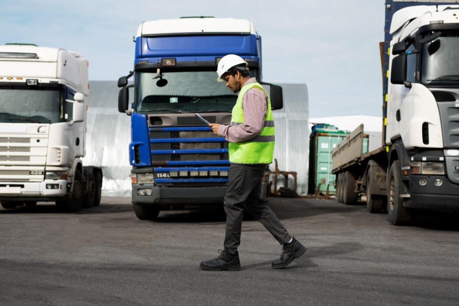 person walking in front of trucks