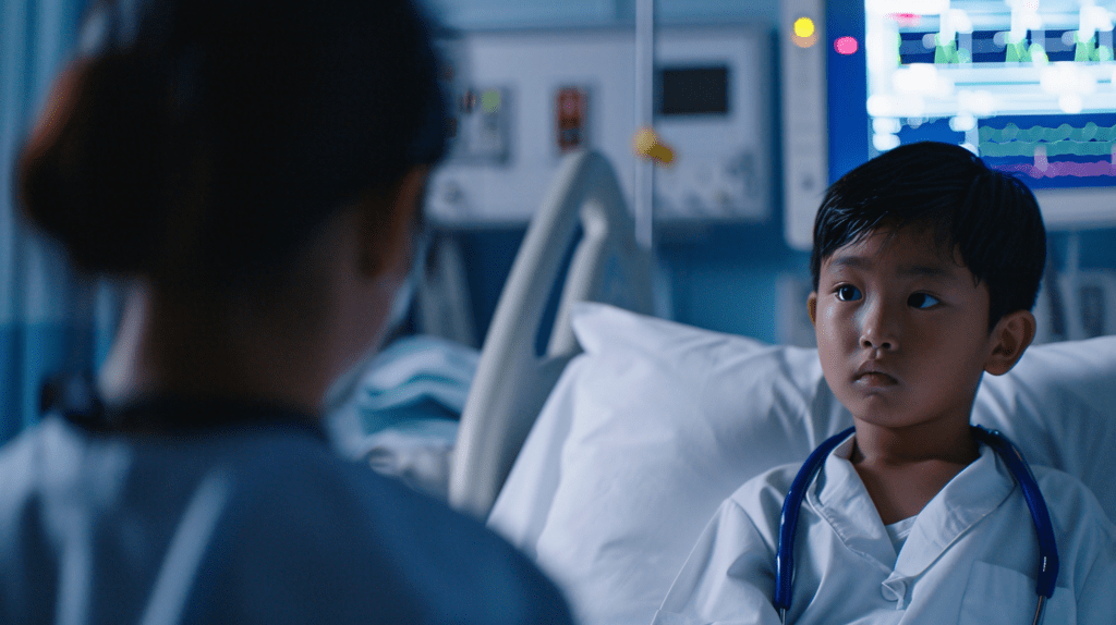 a boy in the hospital bed talking to the nurse