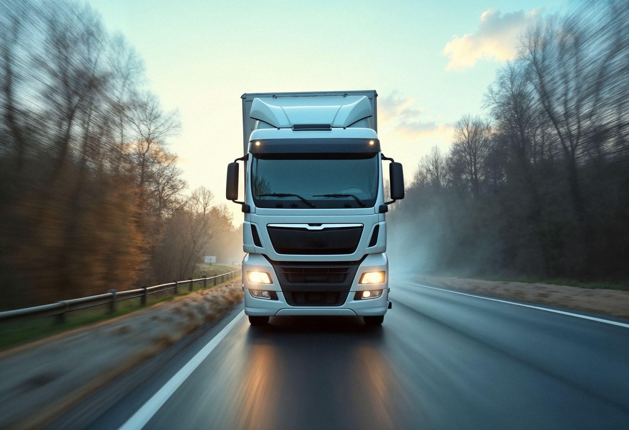 a large white semi-truck driving down a highway, captured from a low-angle front view.